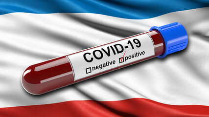 Wall Mural - Flag of the Republic of Crimea waving in the wind with a positive Covid-19 blood test tube. 3D illustration concept for blood testing for diagnosis of the new Corona virus.