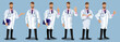 Set of funny cartoon character of doctor. Various action poses of medical worker. Vector illustration isolated on the background of the front view healthcare employee