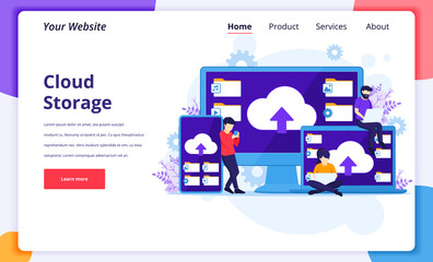 Poster - cloud computing concept, people work near giant devices, digital storage, data center. modern flat l