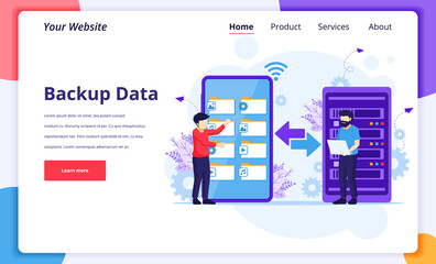 Poster - Backup data concept, People copying files or files transfer process on a giant smartphone to server. Modern flat landing page design for website and mobile website. Vector illustration