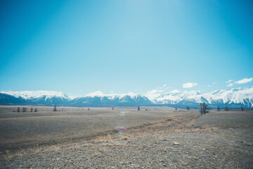 Snow-capped mountains. Mountain Altai. Kurai steppe