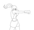 A strong young adult woman boxer throws a jab punch. A pretty fighter girl with a ponytail hairstyle boxing. A boxer attack. A vector contour illustration isolated on a white background. 
