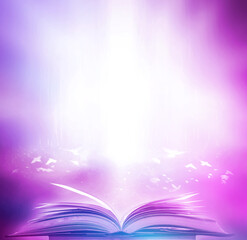 Poster - the blurred book that is bewitched with magic, the magic light in the dark, with the bright light sh