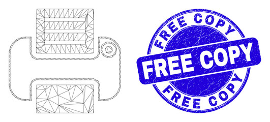 Sticker - Web carcass printer pictogram and Free Copy seal stamp. Blue vector rounded textured seal stamp with Free Copy caption. Abstract carcass mesh polygonal model created from printer icon.