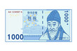 Korean banknote 1000 won. The letters written on the banknote mean 'Bank of Korea' and '1,000 won'.