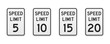 Speed limit traffic signs from 5 to 20 miles per hour. Set of vector graphic elements for production, design, information materials. Classic urban design.