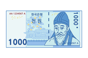 Korean banknote 1000 won. The letters written on the banknote mean 'Bank of Korea' and '1,000 won'.