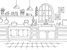 Old Kitchen Room Graphic Black White Home Interior Sketch Illustration Vector