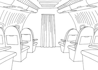 Aircraft interior graphic black white sketch illustration vector