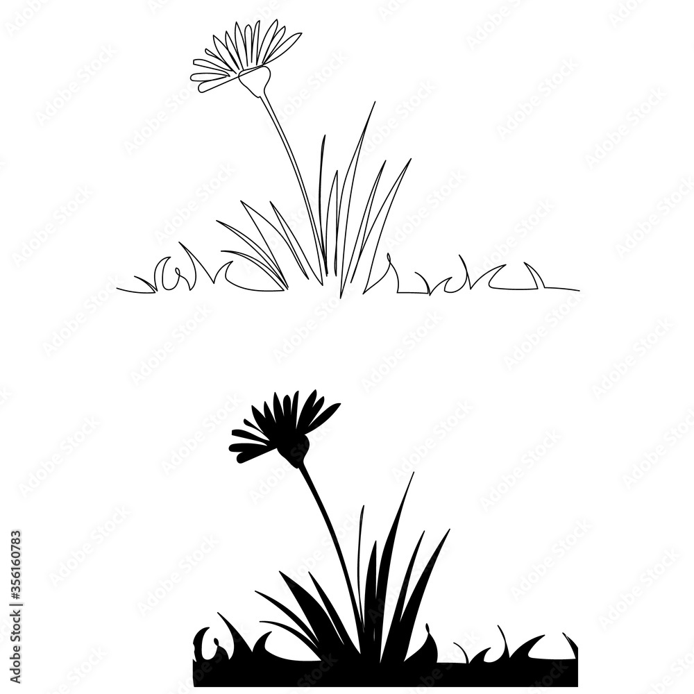 white background, continuous line drawing of a flower with grass - obrazy, fototapety, plakaty 