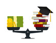 Pile of books with money on scales. Financial investment in knowledge, education concept. High worth of student education. Stack of book, bag of dollar. Financial payment for study of school. vector