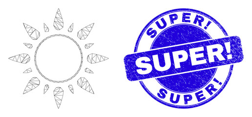 Sticker - Web carcass sunshine pictogram and Super! seal stamp. Blue vector rounded distress stamp with Super! phrase. Abstract carcass mesh polygonal model created from sunshine pictogram.