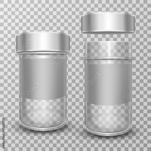 Realistic vector illustration of empty glass jars with open and closed metal caps, isolated on transparent background Poster Mural XXL