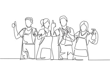 Poster - one line drawing of groups of group male and female janitor giving thumbs up gesture. cleaning servi