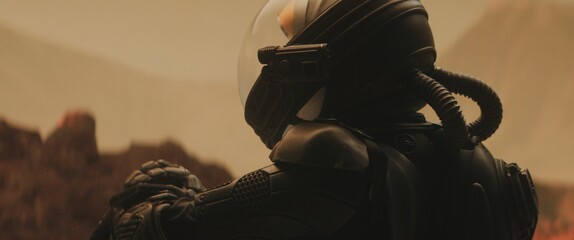 Wall Mural - caucasian female astronaunt checking hud on her suit while exploring planet surface, mars colonizati