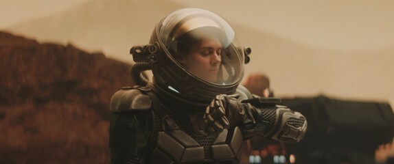 Wall Mural - caucasian female astronaunt checking hud on her suit while exploring planet surface, mars colonizati