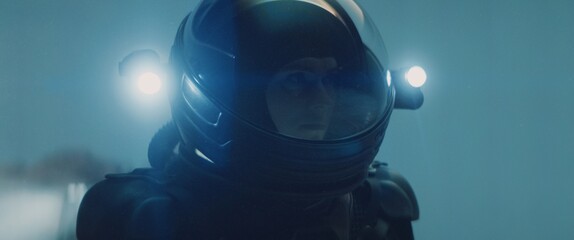 Wall Mural - caucasian female astronaunt wearing a space suit exploring planet surface, night shot
