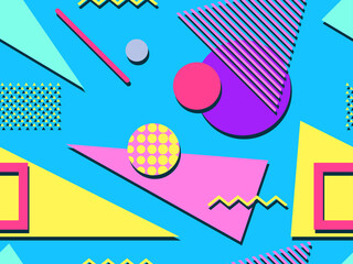 Wall Mural - Seamless pattern in the style of the 80s and 90s with geometric shapes and memphis elements. Trendy colorful retro background for promotional products, wrapping paper and printing. Vector illustration