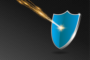 Poster - Blue shield reflects lightning strike. Security shield on transparent background with shadow, rays and lights. Virus attack protection concept. Vector illustration.
