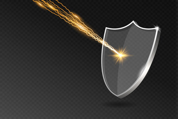 Poster - Glass shield reflects lightning strike. Acrylic or plexiglass security shield on transparent background with shadow, rays and lights. Virus attack protection concept. Vector illustration.