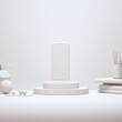 © aytek - Modern Desktop Stage Arrangement With Smartphone Mockup and Decorations 3D Rendering.