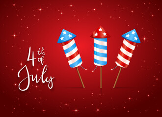 Sticker - Set of Fireworks and Text 4th of July on Red Background