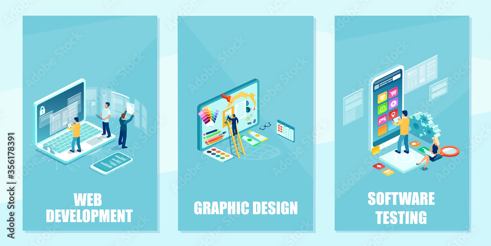 Vector of an IT team and graphic designer developing website ...