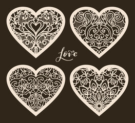 Set of 4 Valentine card or Wedding Invitation with lace pattern. Layout congratulatory card with carved openwork pattern. Pattern suitable for laser cutting, plotter cutting or printing