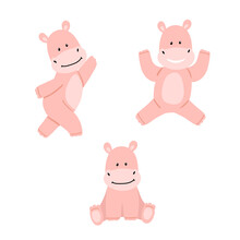 Set With Funny Pink Hippos. Cute Animals In Different Poses. For Clipart, Postcards, And Kids Design. Cartoon Vector Illustration.
