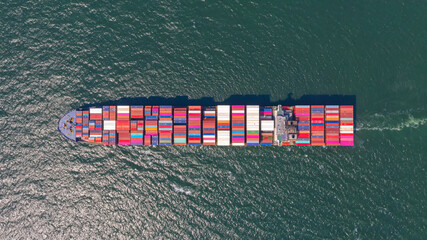 Container , container ship in export and import business and logistics. Shipping cargo to harbor by crane. Water transport International. Aerial view and top view.