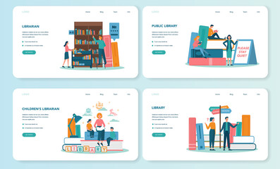 Librarian web banner or landing page set. Library staff holding