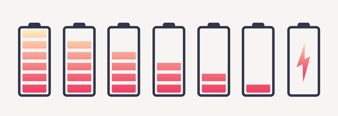 Aufkleber - Vector battery symbol set different level of charge for ui energy symbol mobile phone, battery charge signs. Car battery indicator. Accumulator battery, wireless charging energy icons. 10 eps