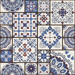 Naklejka na meble Seamless colorful patchwork tile with Islam, Arabic, Indian, ottoman motifs. Majolica pottery tile. Portuguese and Spain decor. Ceramic tile in talavera style. Vector illustration