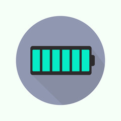 Aufkleber - Battery circle icon with long shadow. Flat design style. Battery simple silhouette. Modern, minimalist, round icon in stylish colors. Web site page and mobile app design vector element