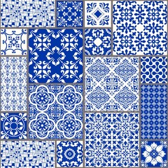  Majolica pottery tile, blue and white azulejo, original traditional Portuguese and Spain decor. Seamless patchwork tile with Victorian motives. Vector illustration.