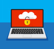 Open laptop with locked cloud storage on a screen. File protection. Data security and privacy concept on a computer display. Safe confidential information. Vector illustration.
