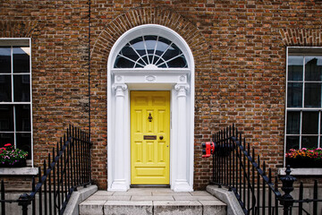 Colorful georgian doors in Dublin, Ireland. Historic doors in different colors painted as protest against English King George legal reign over the city of Dublin in Ireland