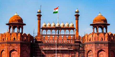 Red Fort in Delhi, India - Panoramic views of the historical fortification in the national capital of Delhi. Red Fort is also known as Lal Qila which is one of the most visited tourist place in India.