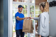 © miguel - Sonriente repartidor entregando comida para llevar en bolsas de cartón en la puerta de una casa