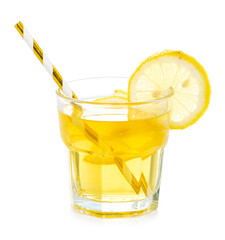 Canvas Print - Glass of lemonade water with lemon, cocktail straw on white background isolation