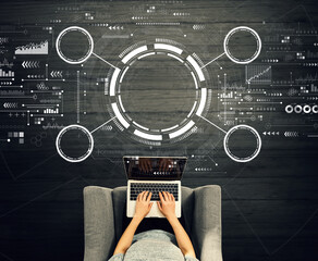 Wall Mural - Tech circle with person using a laptop in a chair