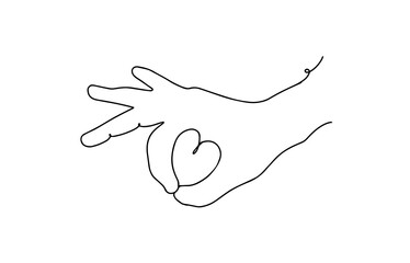 Wall Mural - Continuous line of hand drawing showing a sign of love. Ok gesture continuous line. hand with heart. continuous line drawing of hand showing OK gesture in form of heart.