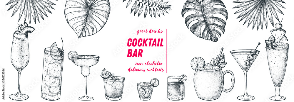 Alcoholic cocktails hand drawn vector illustration. Hand drawn sketch. Cocktails and palm leaves set. Menu design elements. Summer bar menu. - obrazy, fototapety, plakaty 