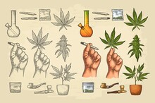 Set Marijuana. Cigarettes, Pipe, Lighter, Buds Cannabis. Vintage Engraving