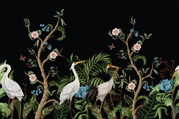Fototapeta Border with cranes and peonies in chinoiserie style. Vector.
