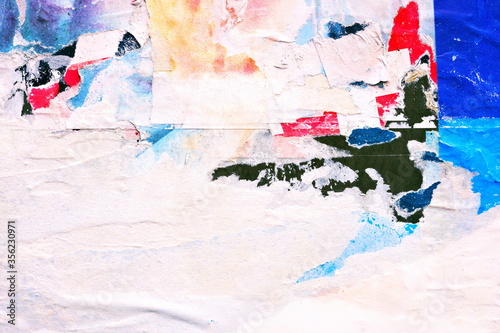 Plakat Old ripped torn posters grunge texture background creased crumpled paper backdrop placard surface / Urban street posters
