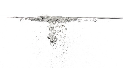Wall Mural - Water poured into tank, bubbles and splashes visible on white background