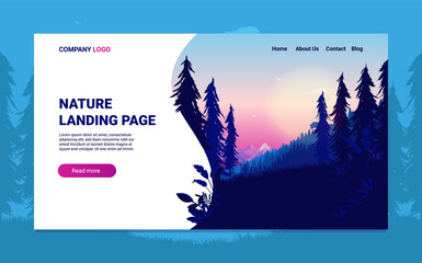 Nature landing page design with wilderness theme - Illustration of beautiful forest and trees, with text and buttons on white background. Web design, start and welcome screen concept. Vector.
