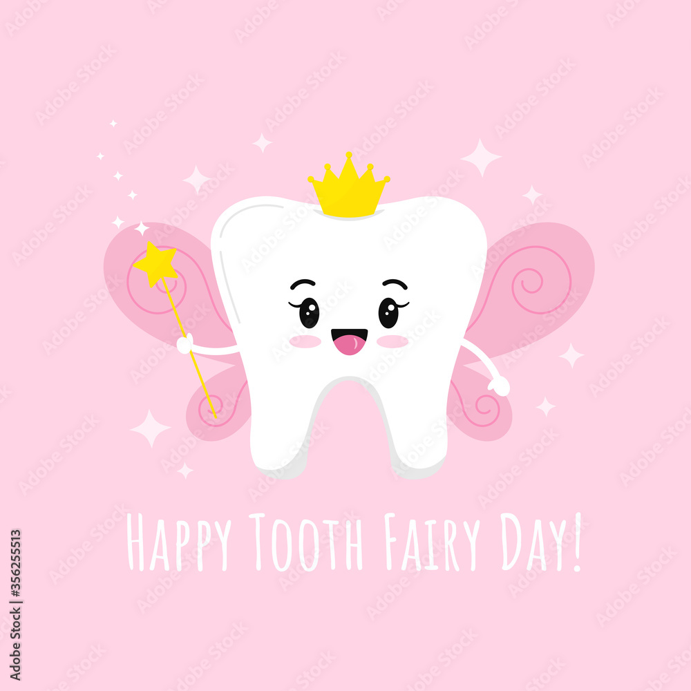 Vector de Stock Cute Tooth Fairy with magic wand with star wings gold ...