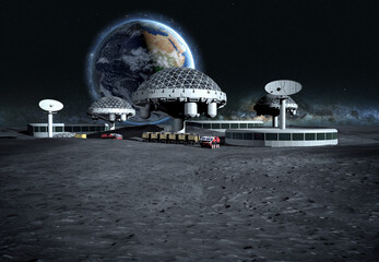 Wall Mural - futuristic city, base, town on moon. the space view of the planet earth. expedition. 3d rendering. e